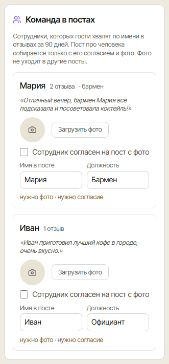 Команда в постах: сотрудники из отзывов, фото и согласие