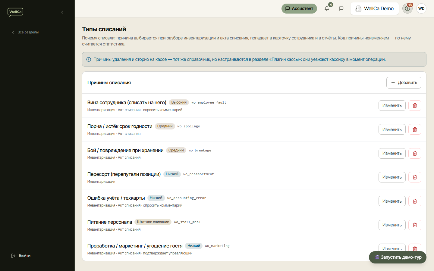 Справочник типов списаний