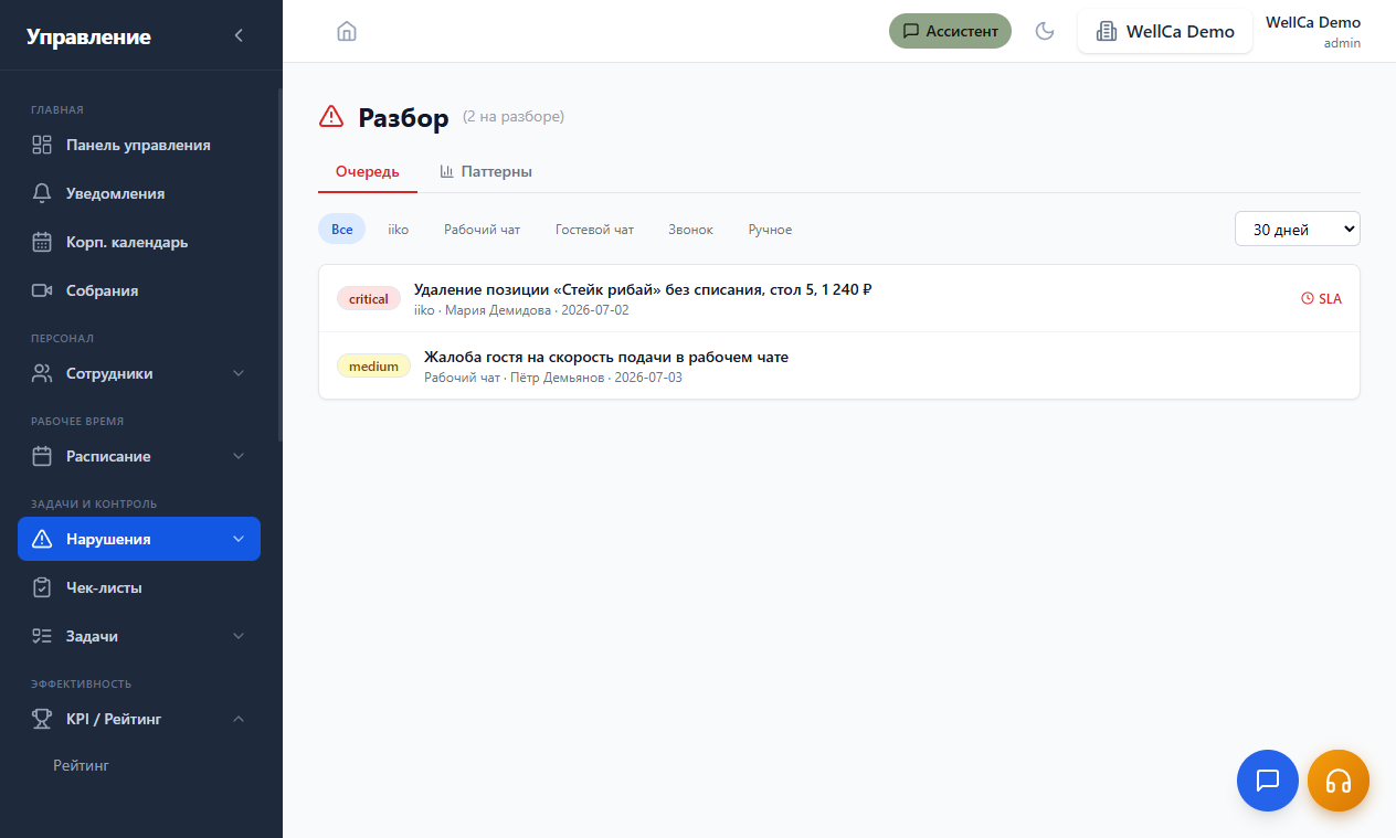 Лента «Разбор» с очередью на разбор и фильтрами по источнику